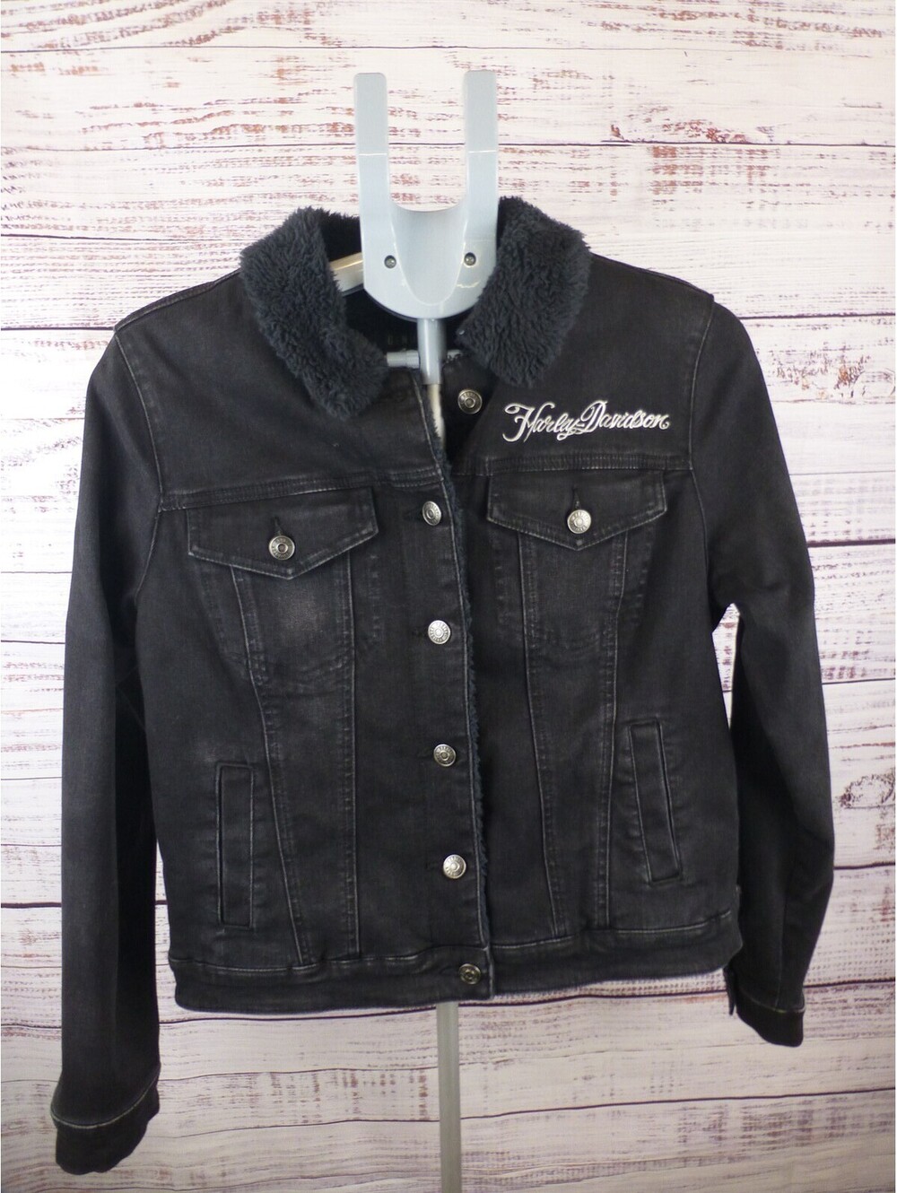 Harley-Davidson Women's Med Sherpa Lined Denim Jacket Black Studded Embroid G5